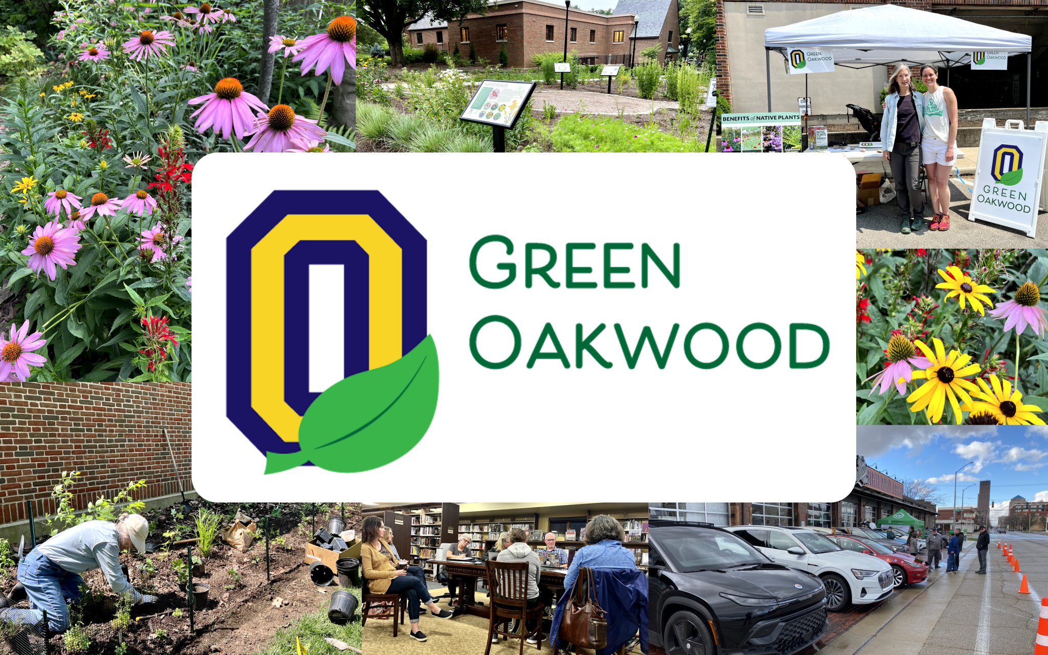 Green Oakwood Logo layered over photos